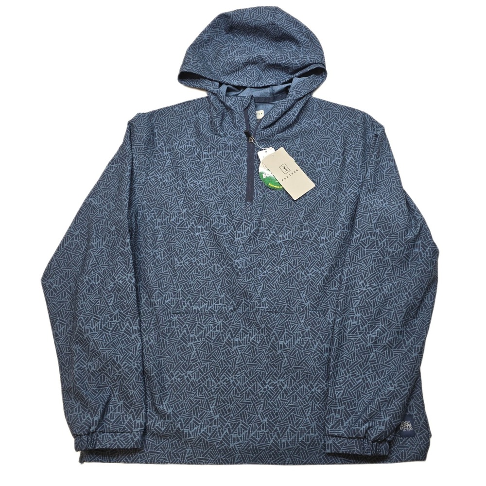 PGA Tour Quarter Zip Hooded Jacket Mens Small Blue Geometric Print EcoFocus NEW